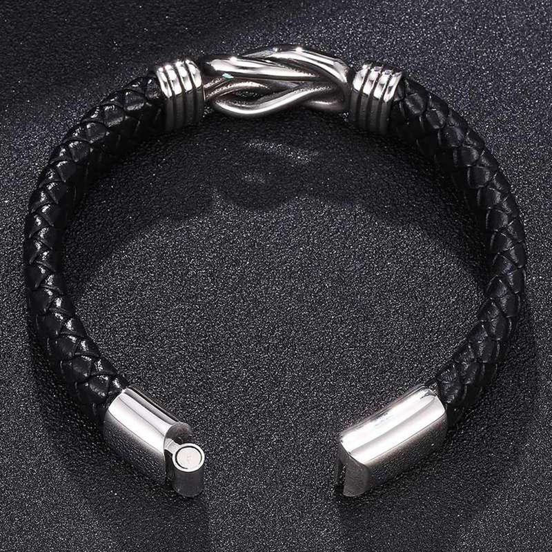 Fashion Frill Stylish Leather Bracelet For Men Stainless Steel Knot Black Bracelet For Menm Boys Love Gifts Mens Jewellery