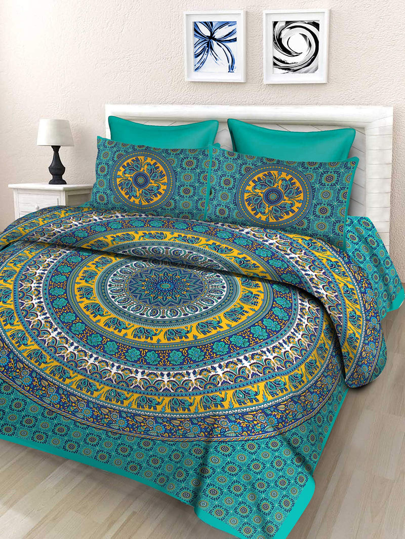 SheetKart Elephant Mandala 144 TC 100% Cotton Double King Size Bedsheet with 2 Pillow Covers, Green, Character (228 CM x 228 CM)