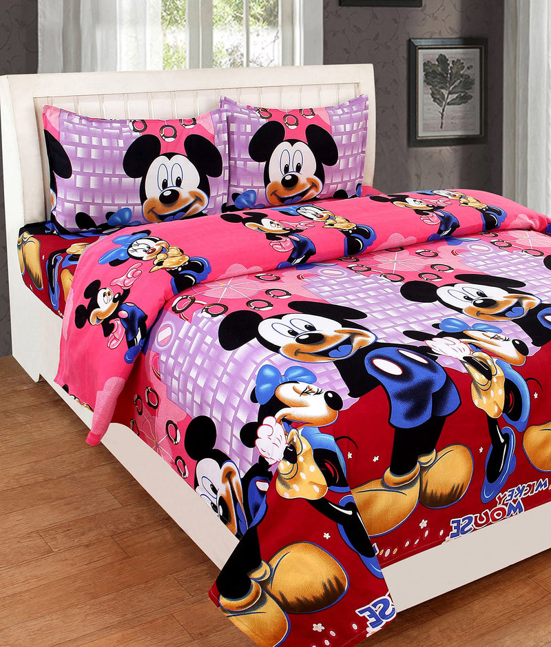 COTTON VILLAS 3D Printed Microfiber Blue Mickey Bedsheet for Double Bed with 2 Pillow Cover Microfiber and Cotton Mix Color Blue (88 X 88 inch)