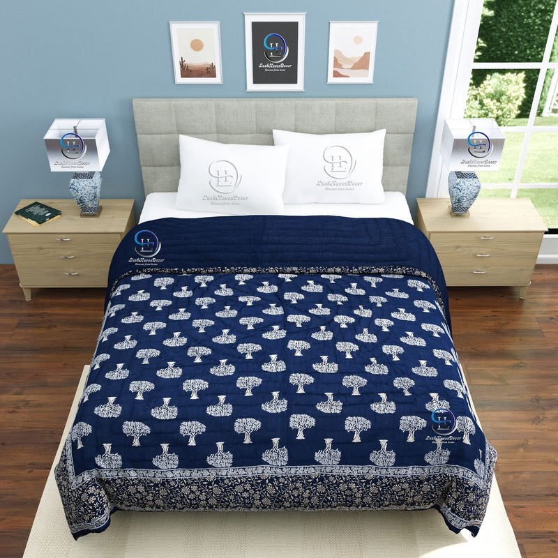 LushHavenDecor 340 GSM Single Bed Jaipuri Razai Organic Pure Cotton Jaipuri rajai Ac Quilt Soft Light Weight Cotton Sunflower Print Comforter 55 x 85 inch (Blue, Pack of 1)