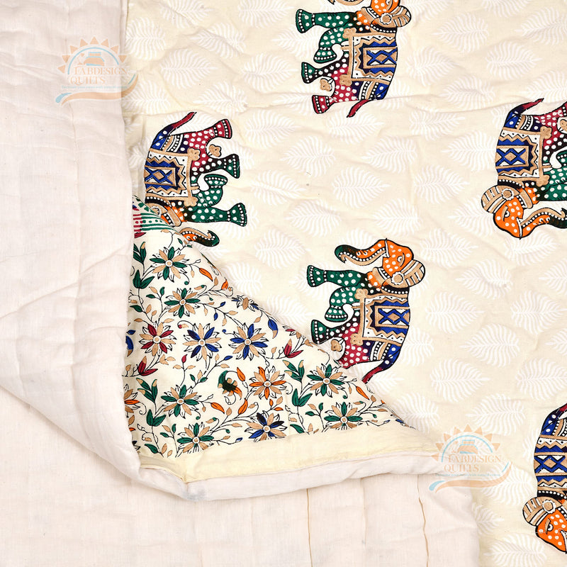 FABDESIGN QUILTS 400 TC Pure Cotton Traditional Rajasthani Hand Block Animals Printed Jaipuri Razzai/Quilt/Razai/Rajai [Light Weight, Multicolor (Cotton, Elephant Set of 2)