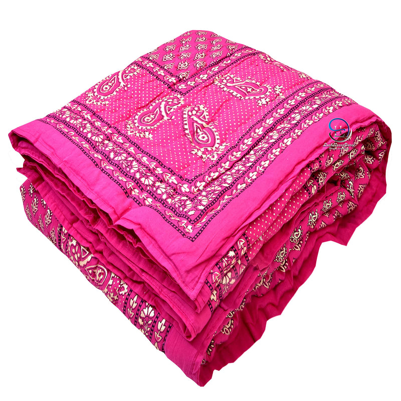 THROWS HOME DECOR Traditional Jaipuri Floral Print Design with Gold Print Cotton Single Quilt Blanket (Pink)