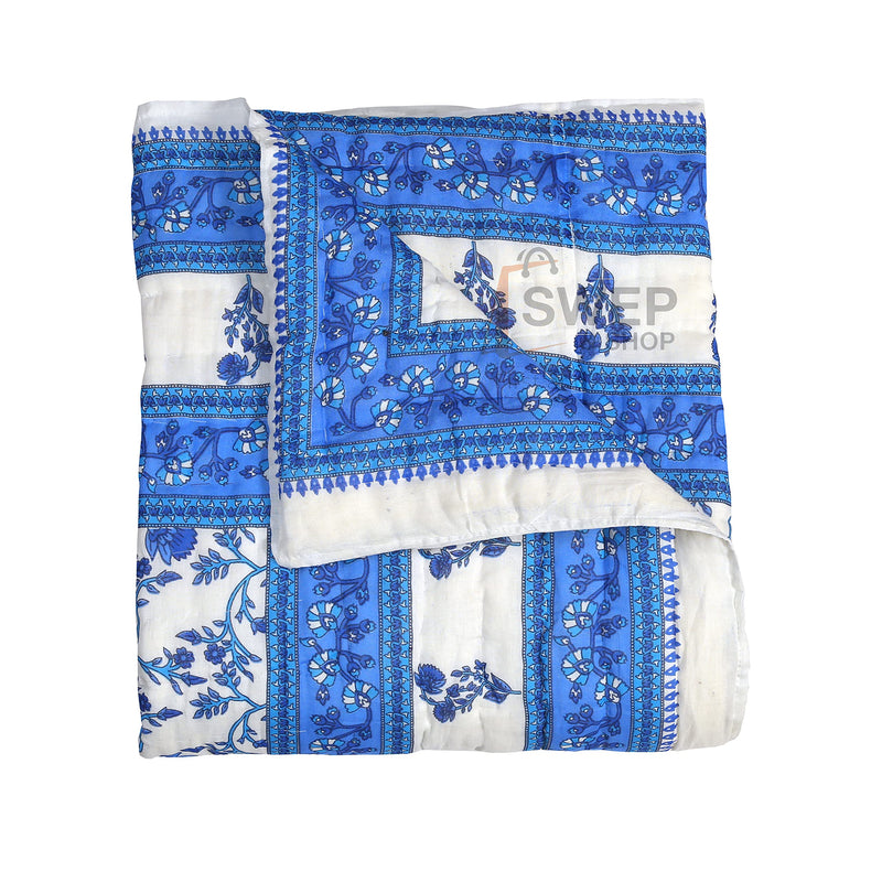 Namaste India World Famous Light Weight Cotton Reversible Floral Print Single Bed Razai (Blue and White)