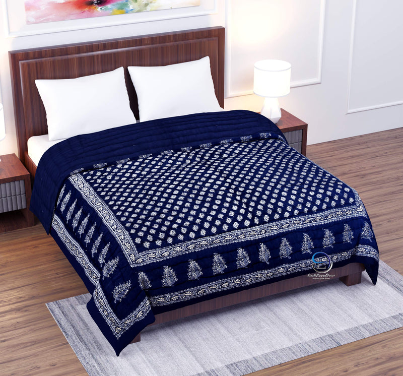 AUROSTYLE 400 TC Pure Organic Cotton Super Super Soft Jaipuri AC Quilt/Razai/Rajai Floral Print, Butti Design Printed Jaipuri Razai for Winter(Blue with Daie Gold Print, Double Bed)