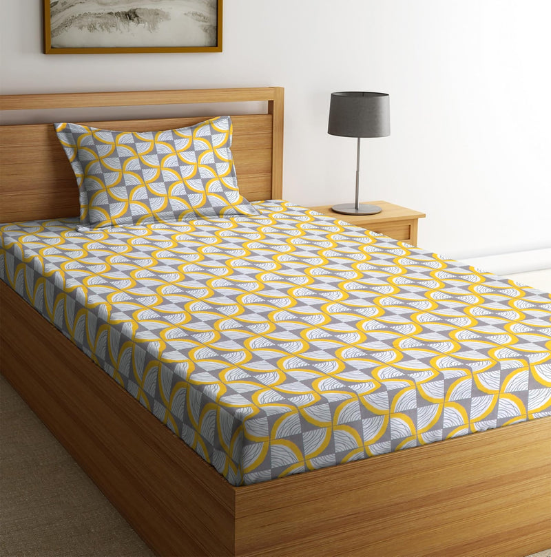 la' amour Pure Cotton 220tc Flat Single Bedsheets For Summer Breathable | Wrinklefree Super Soft (Size-60 X 90 Inch or 228x152 cm) with 1 Pillow Covers (Size-17 X 27 Inches,Pastle White Grey & Yellow)