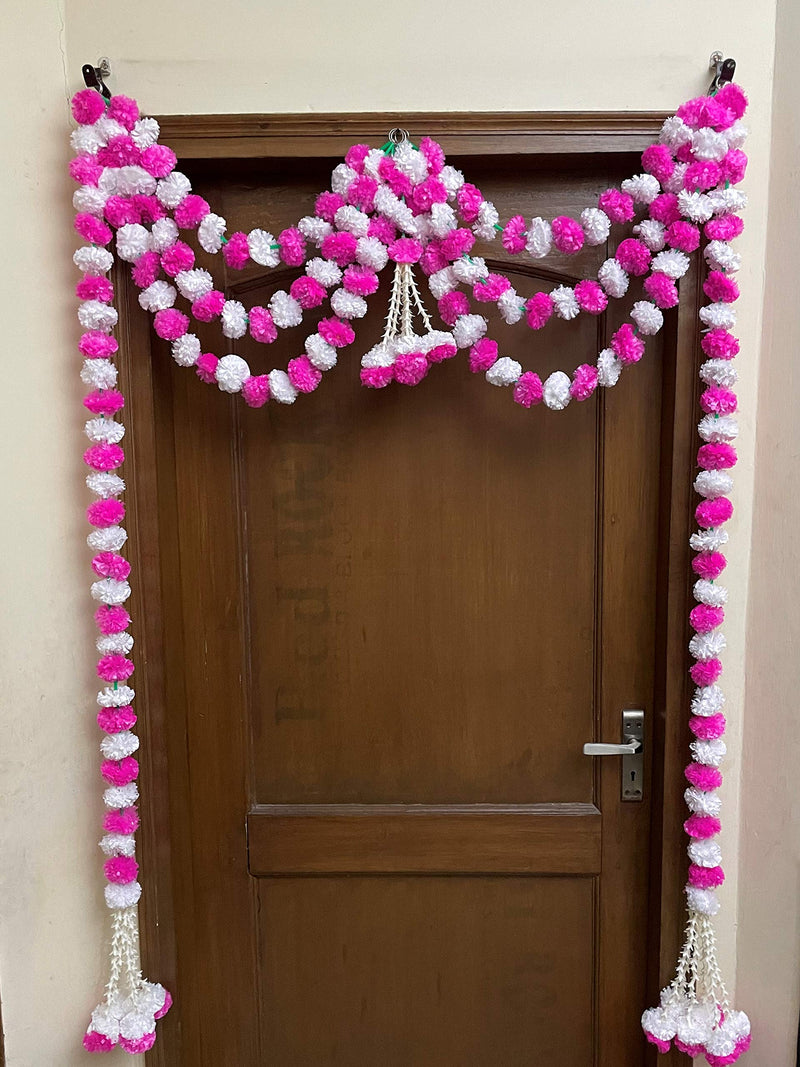 Sphinx Artificial Marigold Fluffy Flowers and Tuberose (rajnigandha) Triple Lines Door toran Set/Door hangings (Approx. 100 x 158 cms (White and Baby Pink)