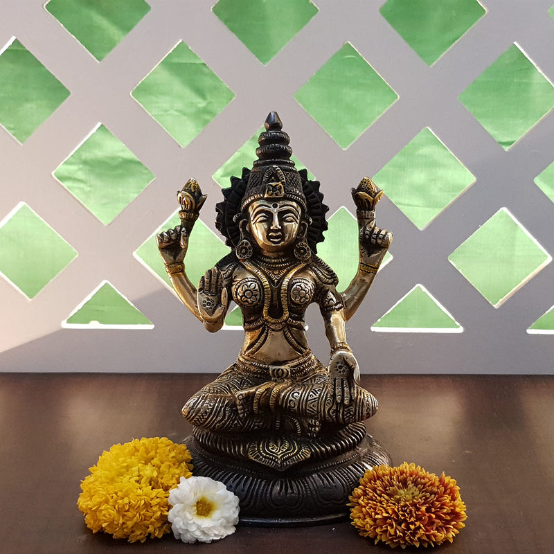 Divya Mantra Laxmi Idol Home Puja Room Diwali Decor Pooja Mandir Decoration Items Living Room Showpiece Decorations Office Sri Lakshmi Temple Murti Goddess Statue Brass Show Pieces - Brown