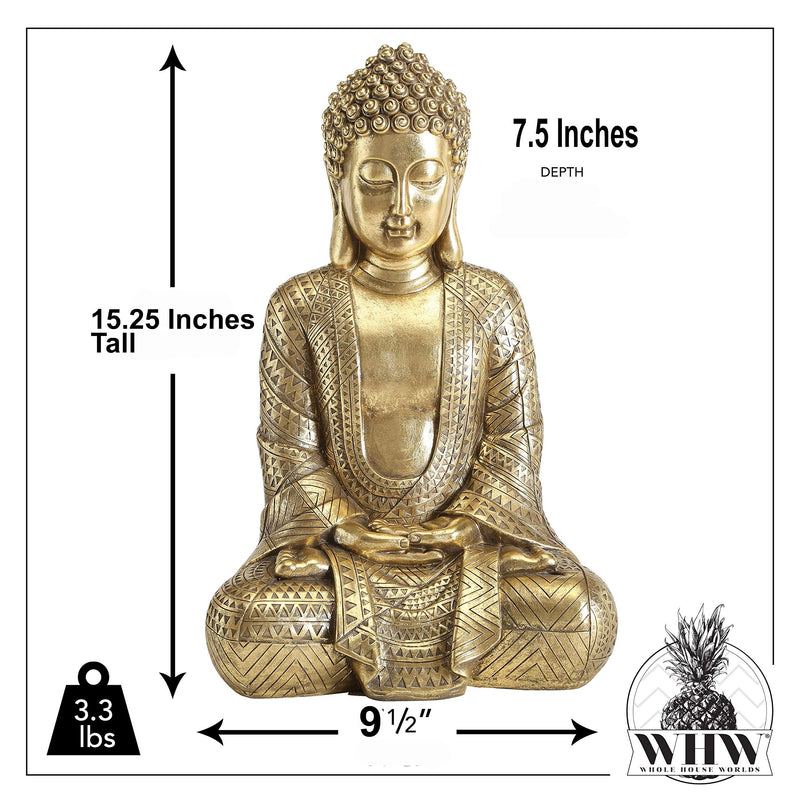 WHW Whole House Worlds Big Golden Temple Buddha 15.25 Inch Tall Figure of Seated Padmasana Buddha, Museum Quality Sculpture, Reproduction Art from The Serenity Collection