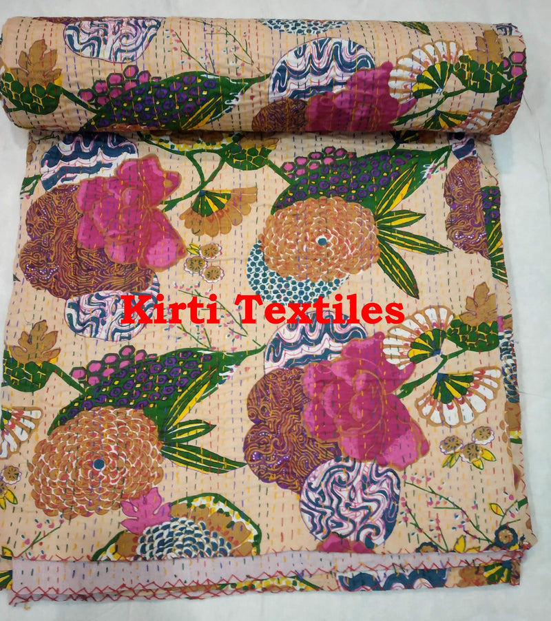 Kirti Textile and Handicraft Cotton Handmade Jaipuri Kantha Quilt Patchwork Bedding Throw Bed Cover (60x90 Inch, Multicolour)