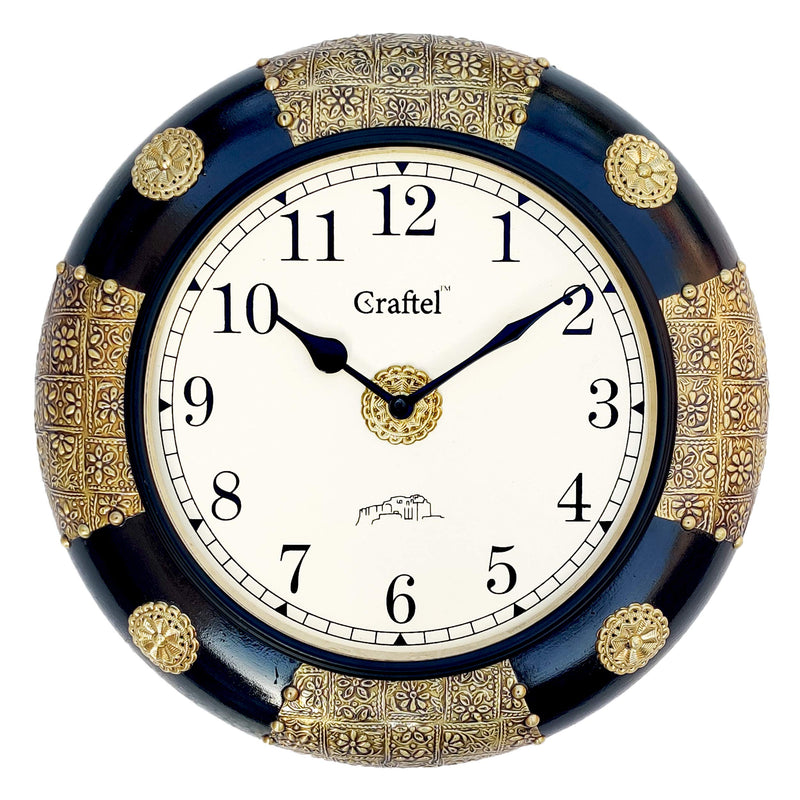 Craftel 12 Inch Brass Fitted Black Polished Wall Clock Antique Decorative Clock with Dome Glass for Living Room Home and Office (Antique Gold, Dial: 8 Inch)