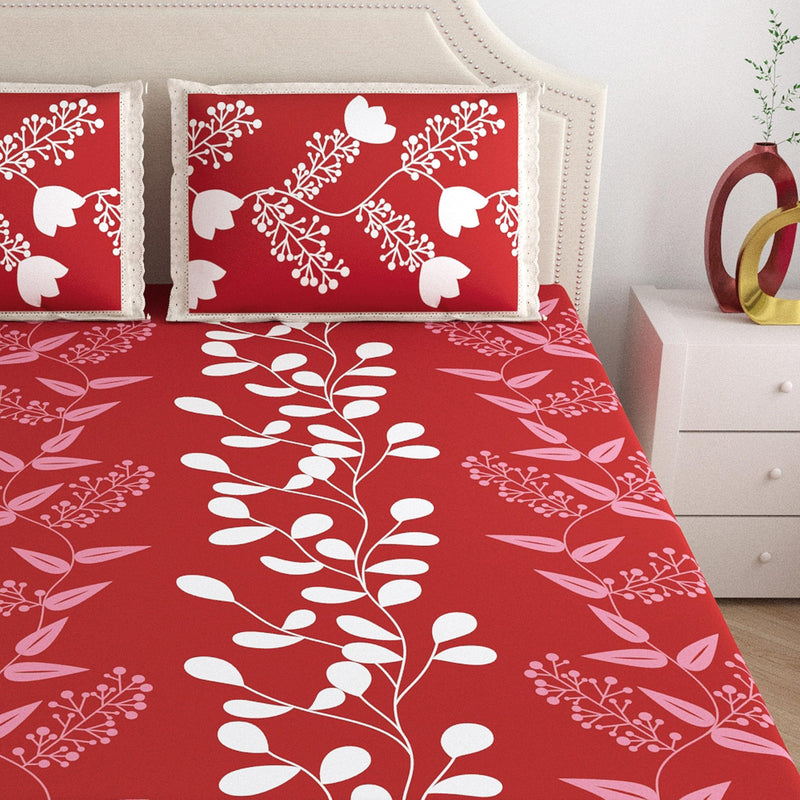 Home Ecstasy 100% Cotton Double Bedsheet for Double Bed, 140 TC, 1 Bed Sheet (Size 86 x 94 inches) lace Outline with 2 Pillow Covers, Red