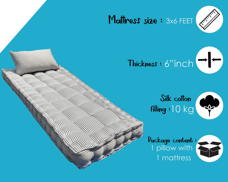 VG MATTRESS-Organic Silk Cotton/Kapok/Ilavam Panju Single Cot Mattress (72X36X6 / 6 feet x 3 feet x 6 inch Thickness. (Pack of 1 Matress with 1 Pillow)