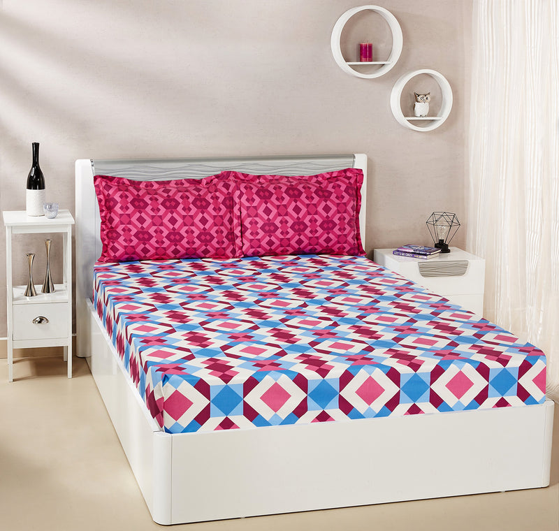 Amazon Brand - Solimo Kaleidoscope Dreams 144 TC 100% Cotton 1 Double Bedsheet with 2 Pillow Covers, Magenta and Blue