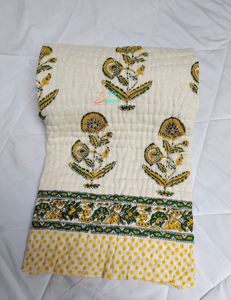 Sibley 210 TC Hand Block Cotton Single Bed Jaipuri Razai Floral Print (60X90 Inche) - Yellow