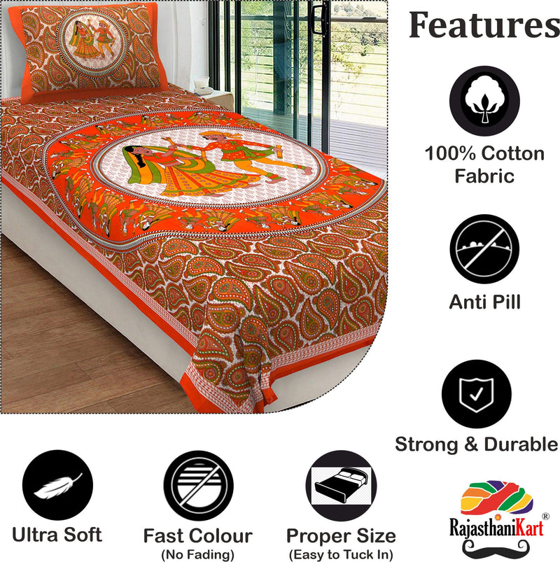 RajasthaniKart Pure Cotton 144 TC Single Size Bed Sheet with 1 Pillow Cover - Bedsheet for Single Bed (Orange, Single Bedsheets Cotton,160)