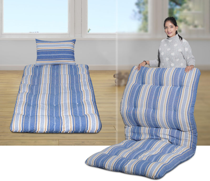 AGLA KADAM Single Bed Mattress (2.5 x 6 Feet) - Premium Natural Cotton Gadda for Guests- Blue and White Stripe Pattern - Foldable Ruyi Gadi