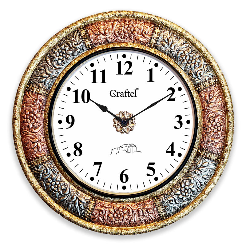 CRAFTEL Brass And Copper Heavy Embossed English Dial Abstract Wall Analog Clock For Bedroom Living Room Home (Gold/Copper 18 X 18 Inch)