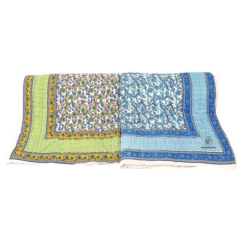 CHHAARODIYA Jaipuri Rajasthani Traditional Pure Cotton Single Bed Soft Jaipuri Ac/Winter Quilt/Razai Floral Blue&Green Print (55 X 85 Inch Stitch Including,Set Of 2,Reversible,Lightweight),300 TC