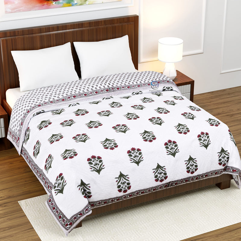 WORLDNEX 400 TC Jaipuri Light Weight Pure Cotton Traditional Hand Block Big Flower Print Double Bed Quilt/Razai/Rajai (White & Green, 90 x 105 Inches, Double Bed)