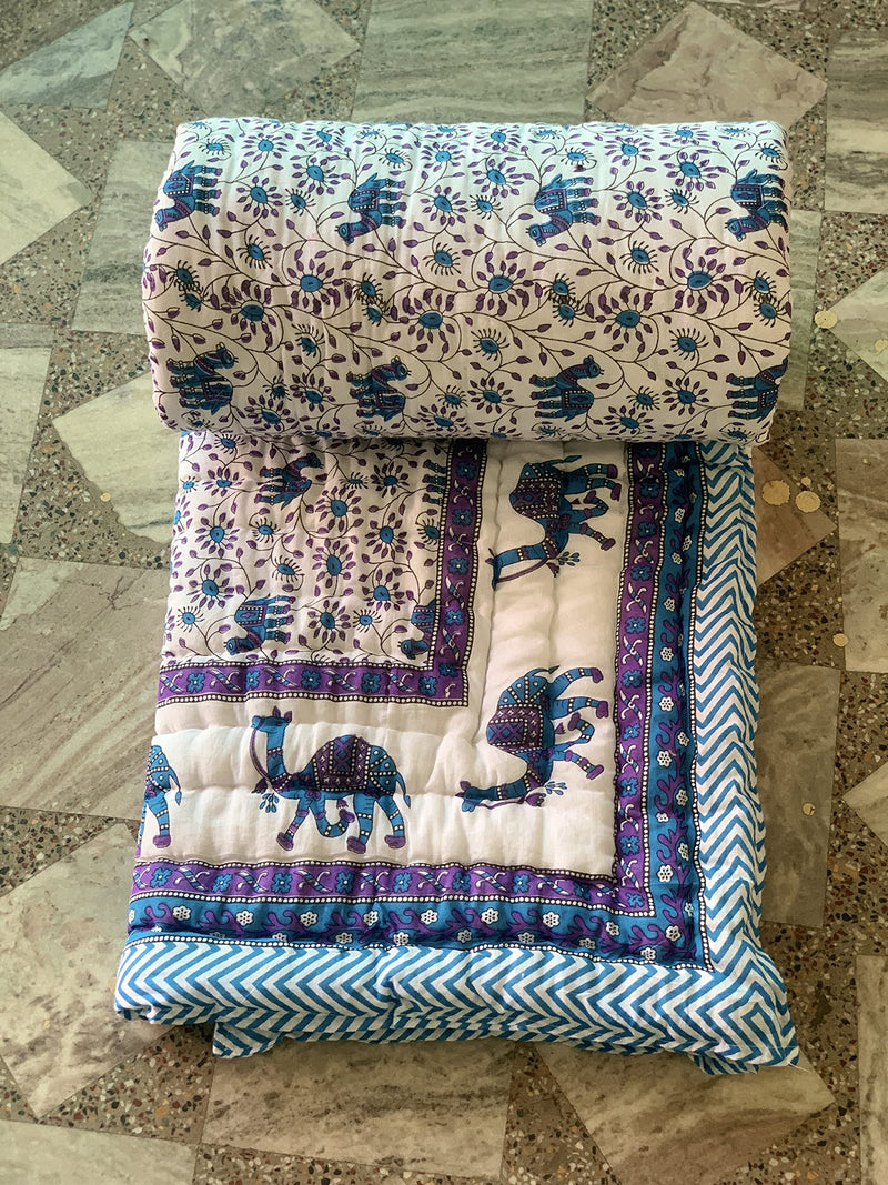 Cotton Soft Jaipuri Razai Traditional Elephant Print Double Bed Winter Heavy Ac Blanket (Blue)