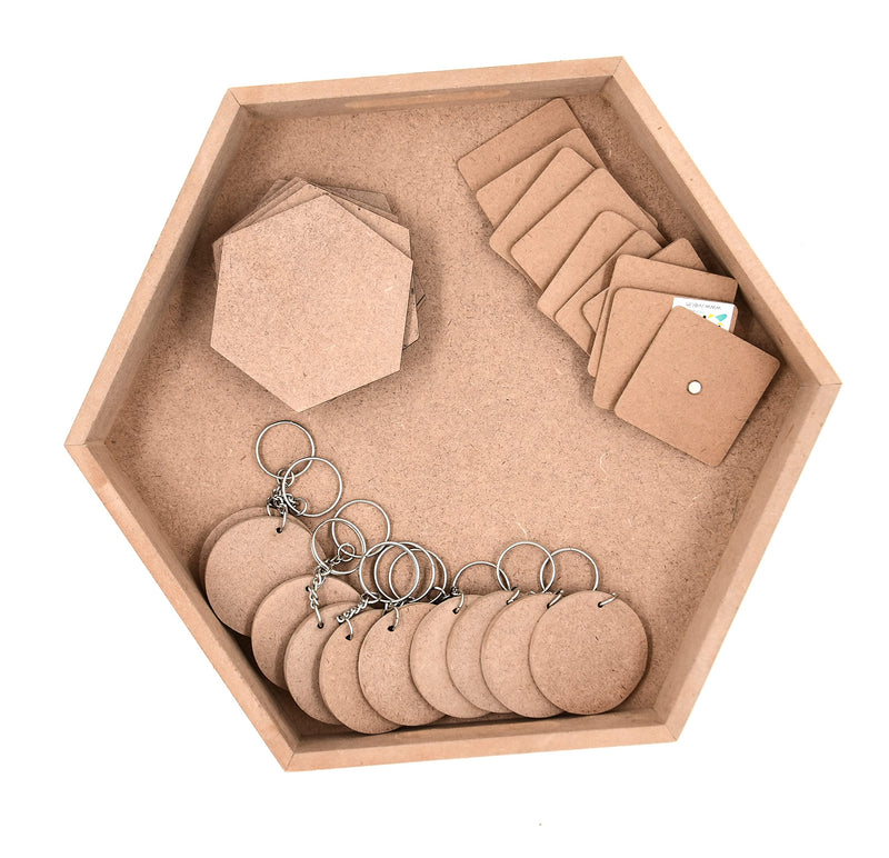 IVEI DIY MDF 10.5" Inches Hexagon Tray Pack with 6 Coasters - 3" Inch, 10 Square Magnets - 2" Inch & 10 Round Keychains - 2" Inch - Brown - Painting Craft Decoupage Art Work & Decoration