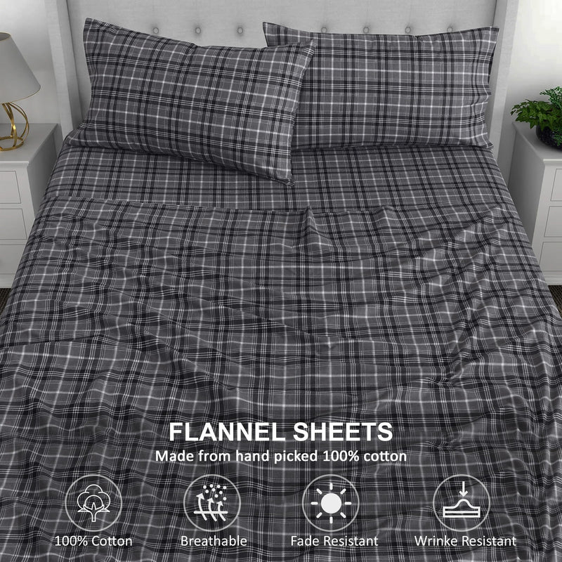 RUVANTI 100% Cotton 4 Pcs Flannel Sheets Full, Deep Pocket, Warm, Super Soft, Breathable, Moisture Wicking Full Size Sheet Sets, Bed Sheets Include Flat, Fitted Sheet,2 Pillowcase - Grey Plaid