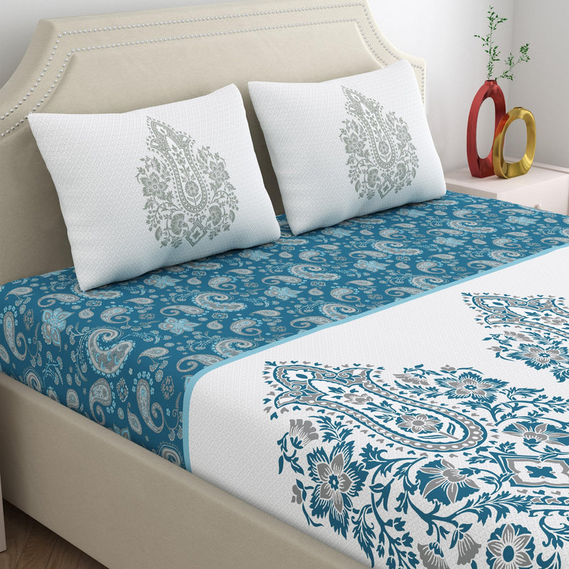 Dreamscape 100% Cotton Satin Double Bedsheet with 2 Pillow Covers | 200 TC Ethnic Blue for Double Bed (7.5ft X 8.2ft)