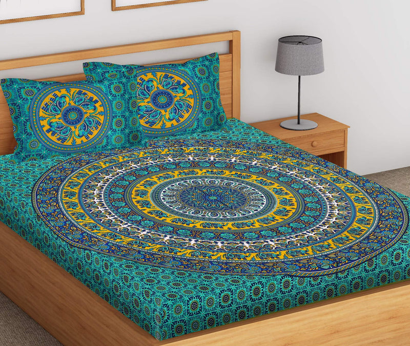 SheetKart Elephant Mandala 144 TC 100% Cotton Double King Size Bedsheet with 2 Pillow Covers, Green, Character (228 CM x 228 CM)