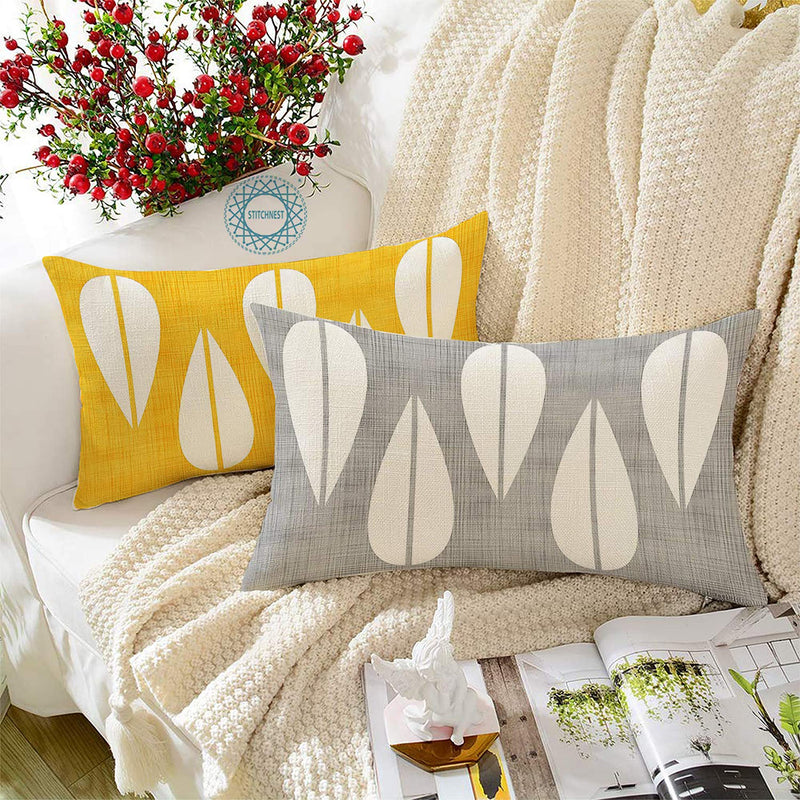 STITCHNEST Leaf Yellow Grey Printed Poly Cotton Cushion Covers, Set of 2 (12 x 18 Inches)