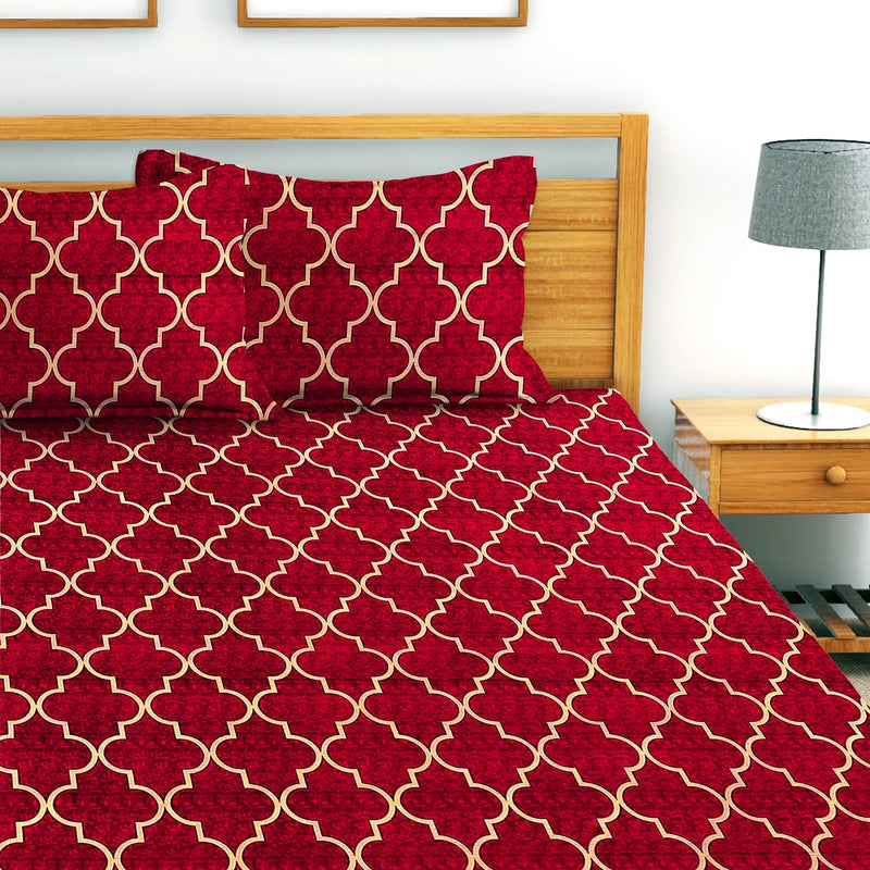 AEROHAVEN 180TC Glace Cotton Moroccan Fitted Double Queen Bedsheet with 2 King Size Pillow Covers, 72" x 78" - GCB02 - Red