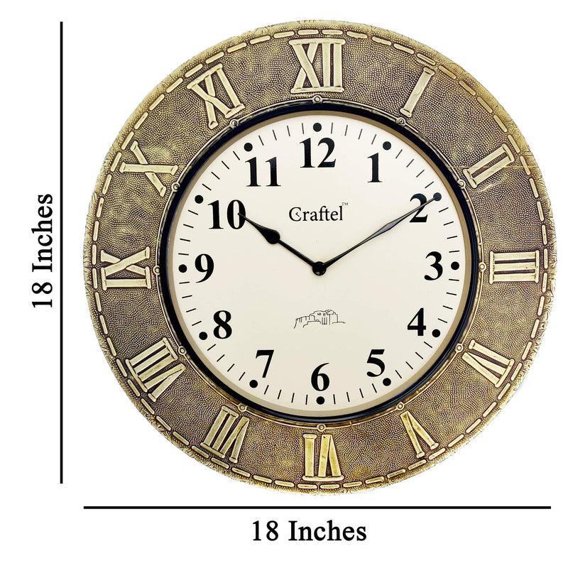 Craftel Brass Metal Roman Dial Wall Clock Antique Round Clock for Bedroom Living Room Home and Office (Gold)