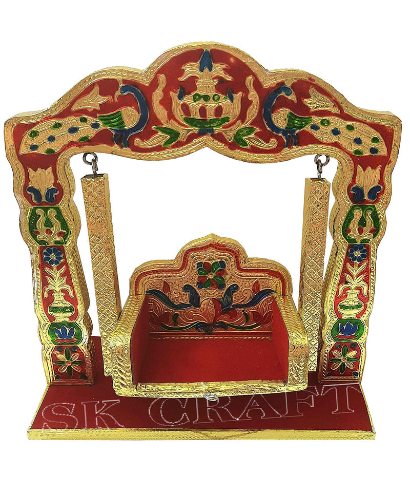 SK CRAFT Wooden Handcrafted Meenakari Decorated Peacock Laddu Gopal Jhula, jhula for laddu Gopal-(10x9 Inches)