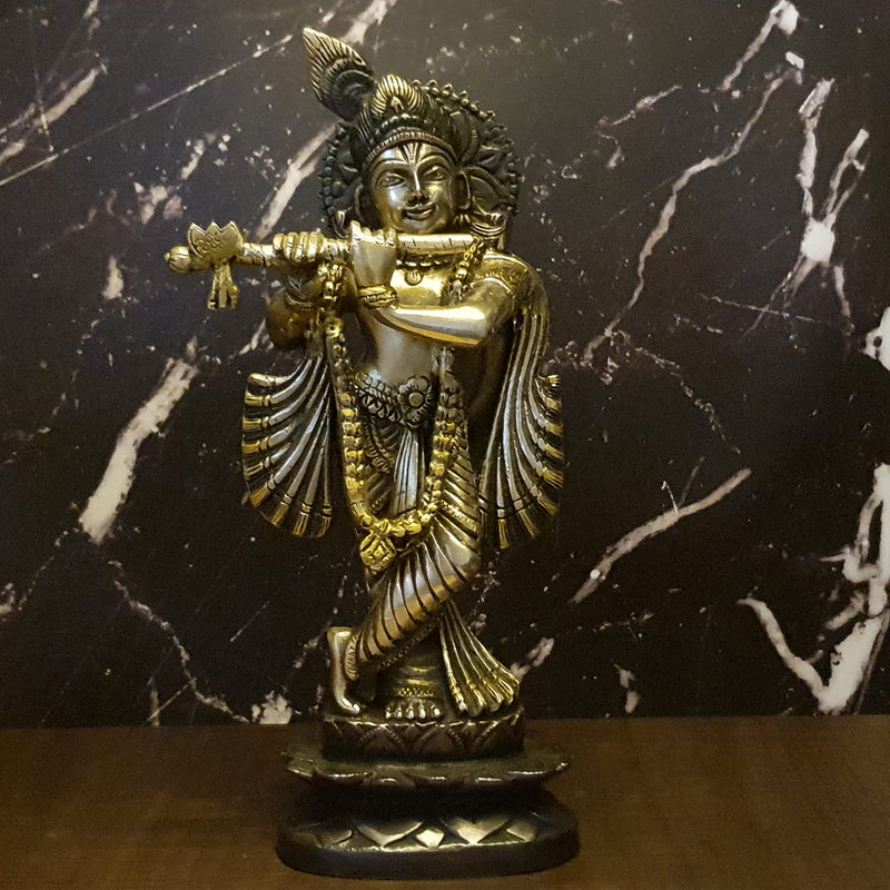 Divya Mantra Krishna Playing Flute Brass Statue Janmashtami Murti Kanha Bansuri Idol Bhagwan Sri Thakur ji Home Decor Mandir God Brass Decorative Showpiece Lord Pooja Beautiful Statues - Brown