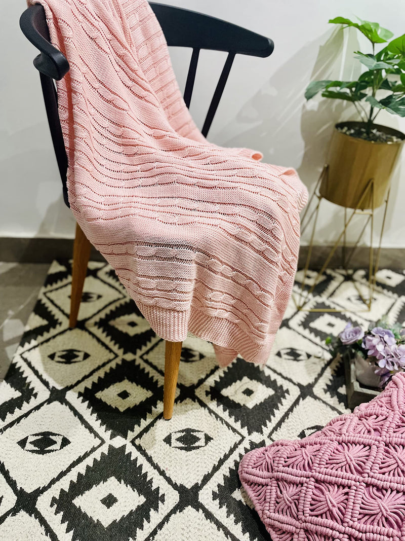 AWARD VELVETS Classy Soft Sofa Throw | Pink 100% Cotton Knitted All Season Throw (50 x 60 inch)