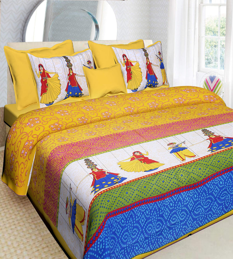 RajasthaniKart® Pure 100% Cotton Double Bed Sheet with 2 Pillow Covers (Bedsheet for Double Bed Cotton, Yellow Kattputli Jaipuri, King Size,5168)