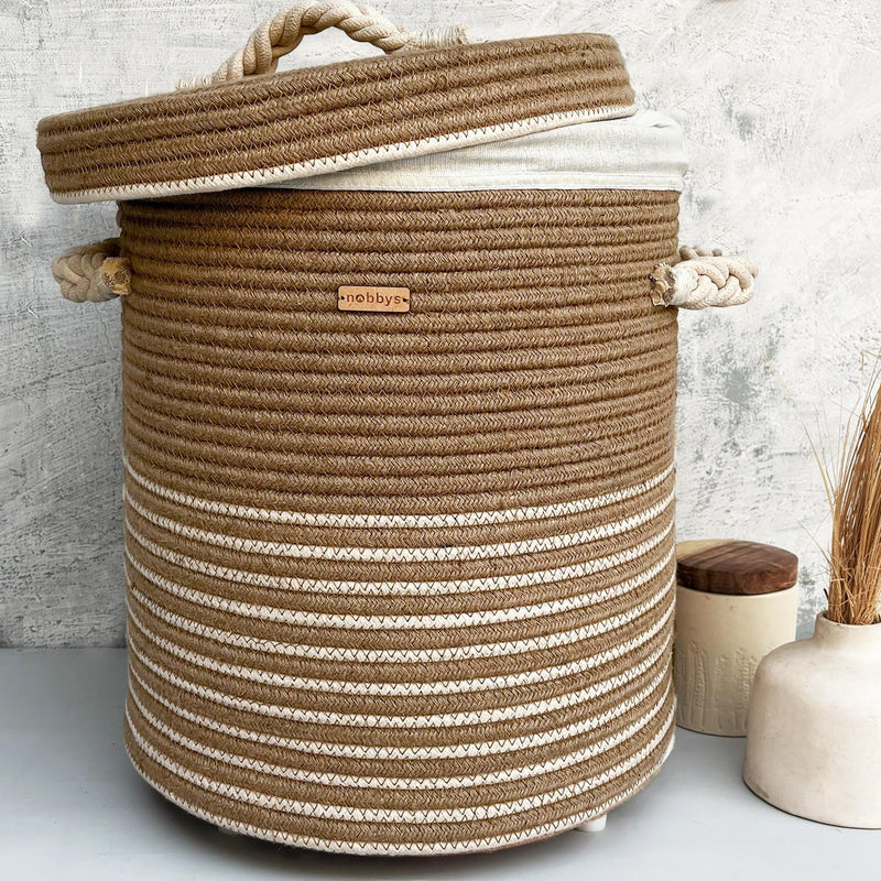 Nobbys Jute Cotton Striped Laundry Basket with Lid and Bottom Spacers (14"D x 18"H) - (2024 Edition)