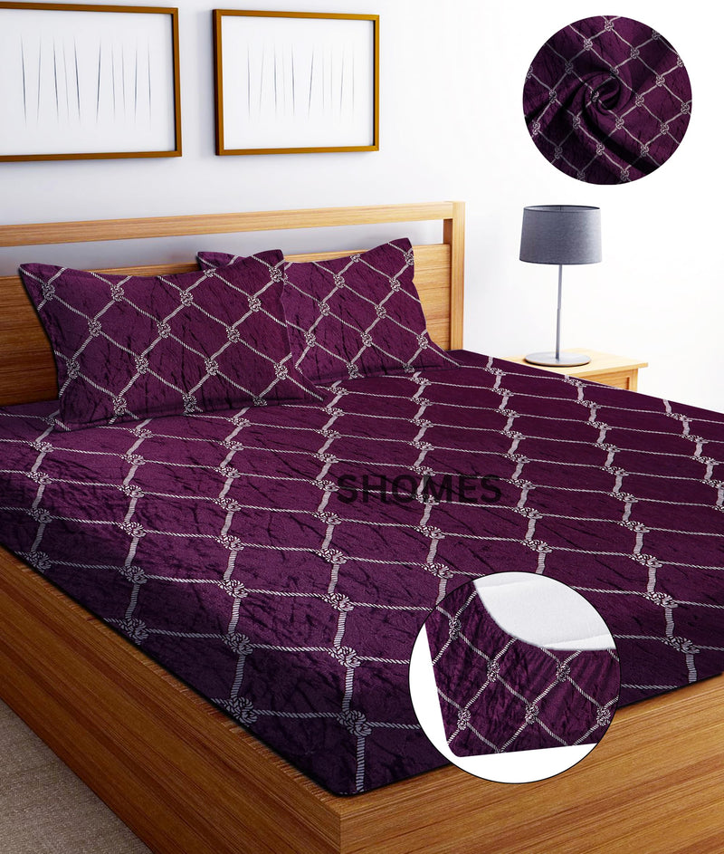 SHOMES Premium Elastic Fitted Warm bedsheets for Winter for Double Bed, Elastic Fitted Winter bedsheets for King Size Bed with 2 Pillow Covers, Size - 72 x 78 Inches (Wine Geometric)