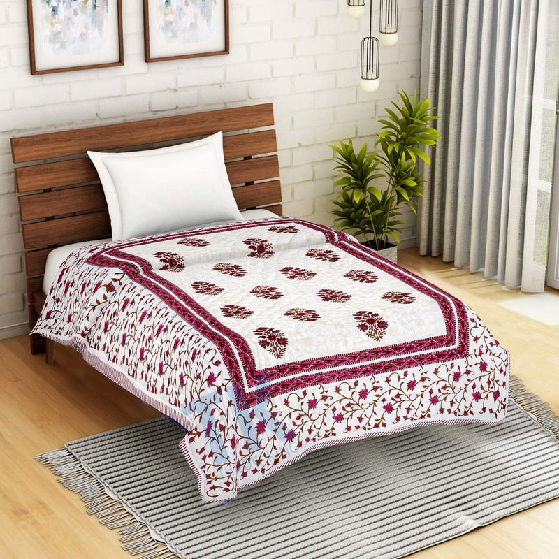 THROW KING World Famous Rajasthani Jaipuri razai Pure Cotton Single Bed Jaipuri Razai Soft AC Quilt/Razai/Rajai Floral Print,Jaipuri razai (90 x 60 inch) (Maroon)