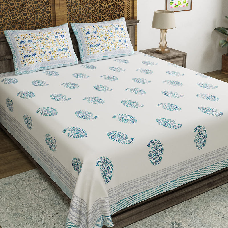 BLOCKS OF INDIA Hand Block Printed 200 TC Cotton King Size Bedsheet (Blue Paisley)