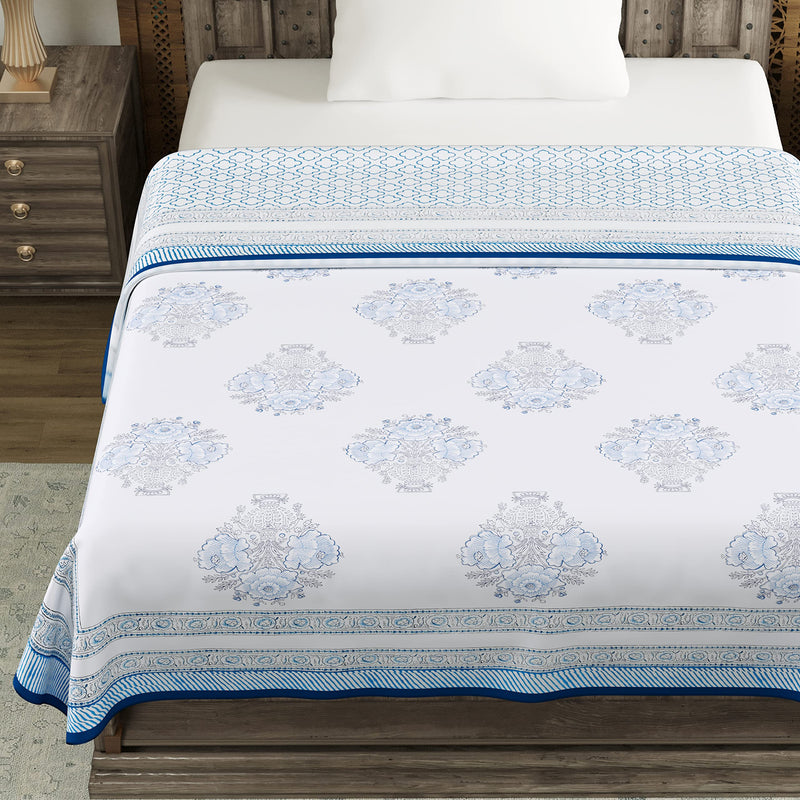 Blocks of India Summer Single Size (60 x 90 Inches) Reversible Hand Block Printed Malmal 100% Cotton Dohar (Blue Buta)