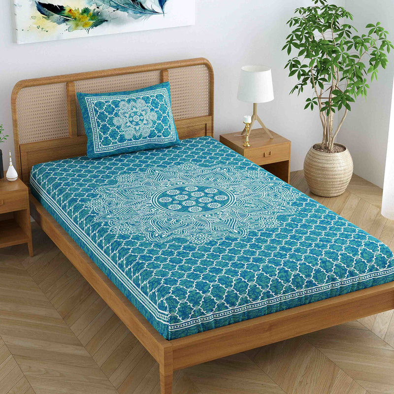 Colorish 120 TC Cotton Blend Mandala Jaipuri Printed Bedsheet for Single Bed with 1 Pillow Cover, Sea Green