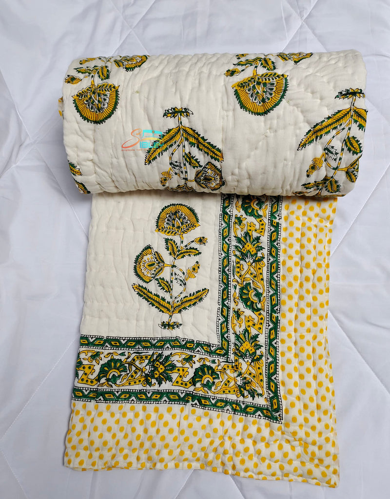 Sibley 210 TC Hand Block Cotton Single Bed Jaipuri Razai Floral Print (60X90 Inche) - Yellow