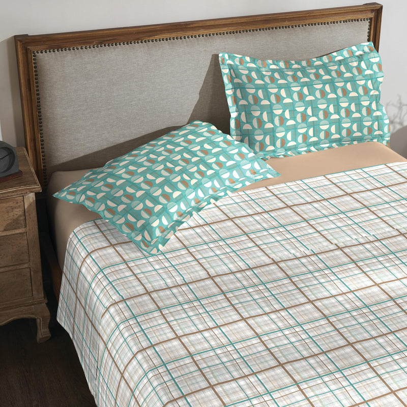 Trident Classic Collection King 3-Piece Bedsheet Set, 100% Cotton, Double Bed (1 King Size Bedsheet with 2 Pillow Covers, 210-thread Count, Opulent Texture-Geo Crush Teal