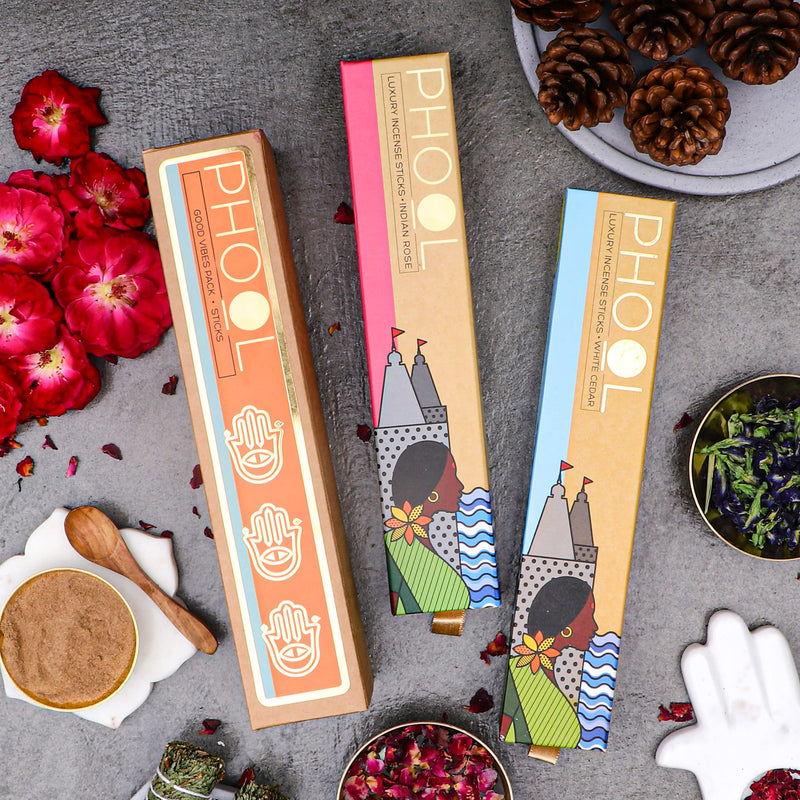 PHOOL LUXURY INCENSE Good Vibes Pack Of 2 Natural Agarbatti For Pooja - Indian Rose & White Cedar | Free Wooden Stand Sulpher & Charcoal Free | 100% Organic Incense Sticks