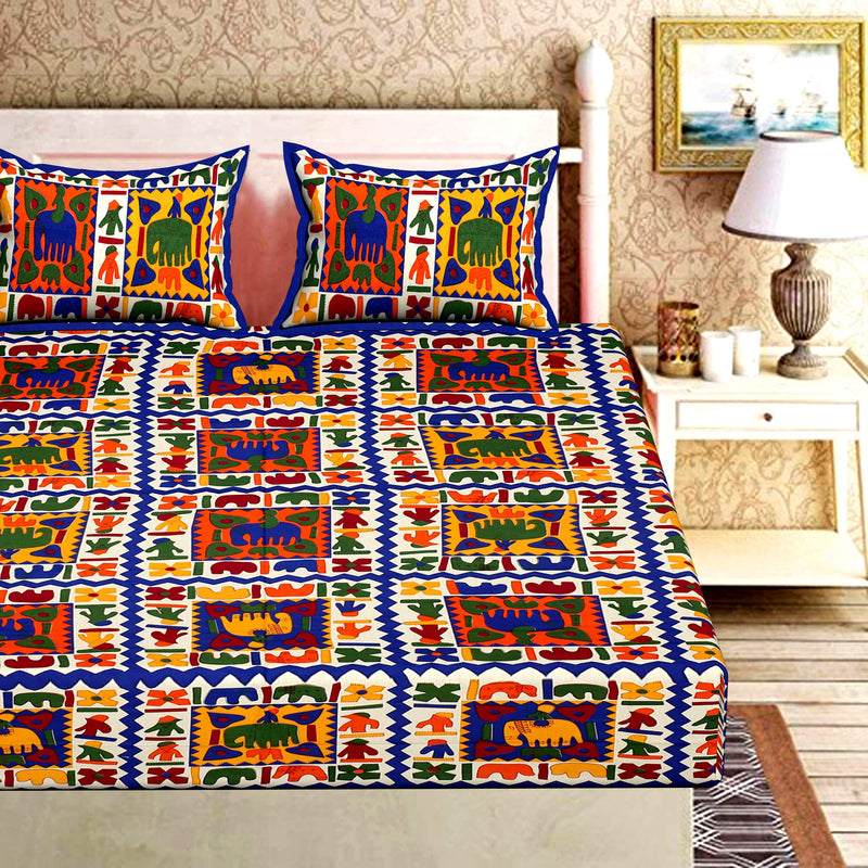 RajasthaniKart® Pure 100% Cotton Double Bed Sheet with 2 Pillow Covers (Bedsheet for Double Bed Cotton, Blue Citi HathiJaipuri, King Size,733)