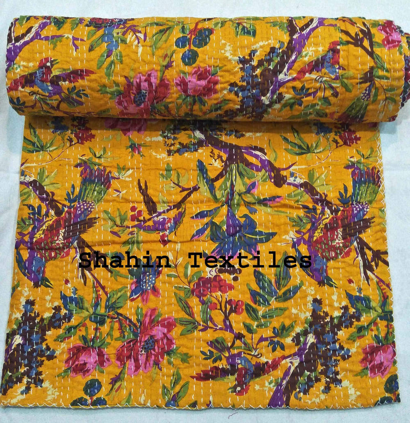 TI AMO Handmade Multi Color Printed Kantha Quilt 90x108 Inch Kantha Coverlet Throw Kantha Gudari