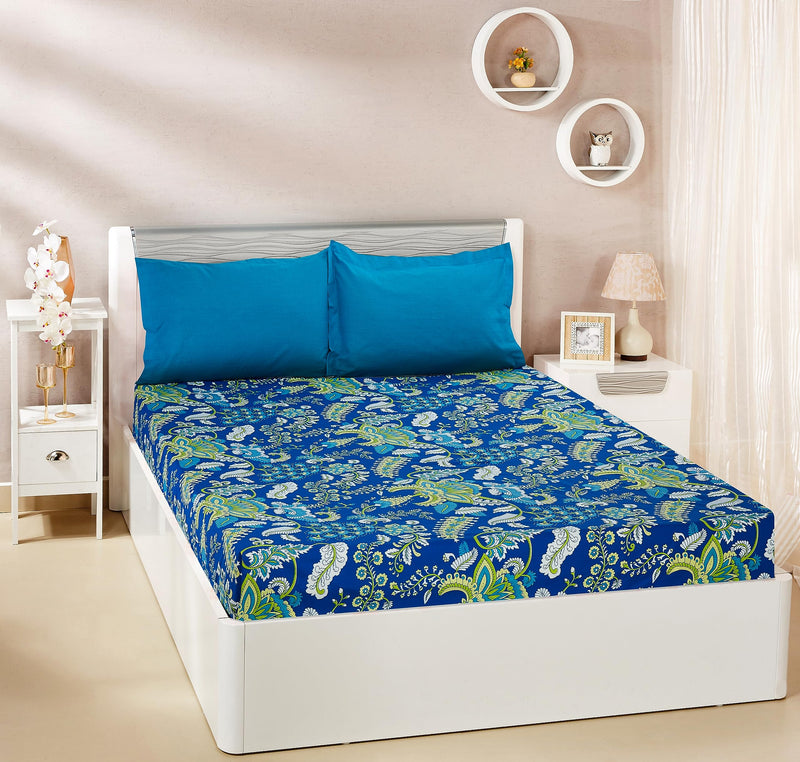 Amazon Brand - Solimo Floral Treasure 144 TC 100% Cotton King Bedsheet with Two Pillow Covers, Soft and Smooth (Traditional, Blue and Green)