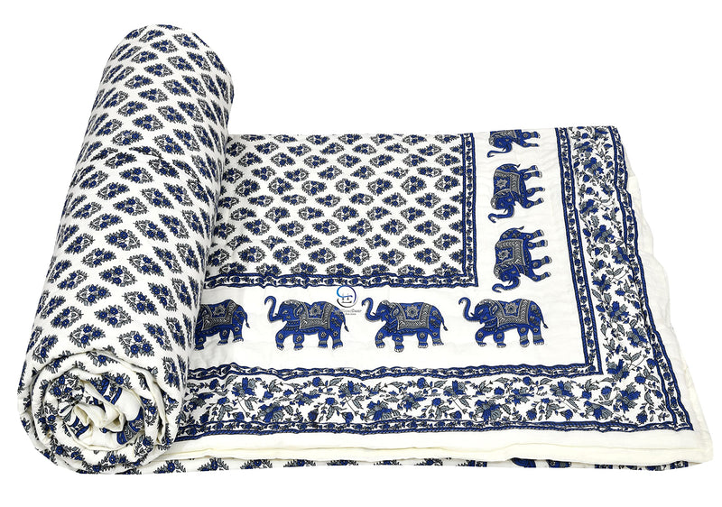 HASHIREX Craft 210 TC Double Bed Jaipuri Razai Pure Cotton Jaipuri rajai Ac Quilt Soft Light Weight Traditional Elephant Print Comforter 85 x 100 inch Blue, Pack of 1