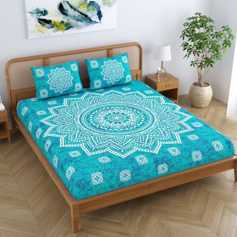 SheetKart Cotton Blend Traditional Mandala Jaipuri Printed Bedsheet for Double Bed King Size with 2 Pillow Covers - Sea Green