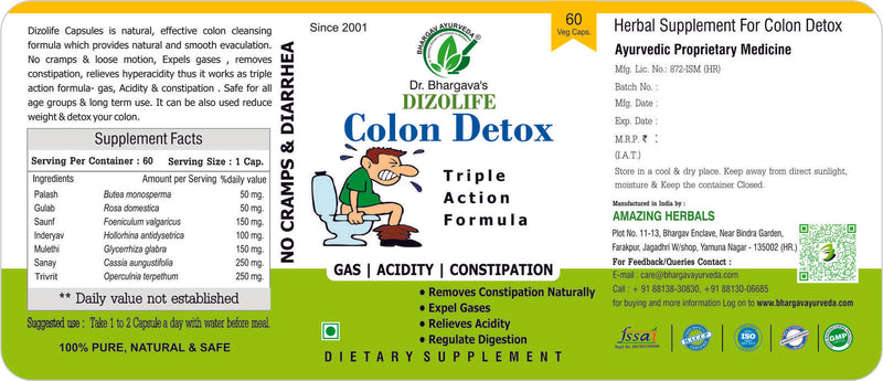 Dr.Bhargav’s I Colon Detox |Laxative Capsule | Constipation I Acidity I Gas I Constipation | Expels Gases | Abdomen I Lumbar I Digestive Gut| Clinically effective efficacious | 60 Capsules